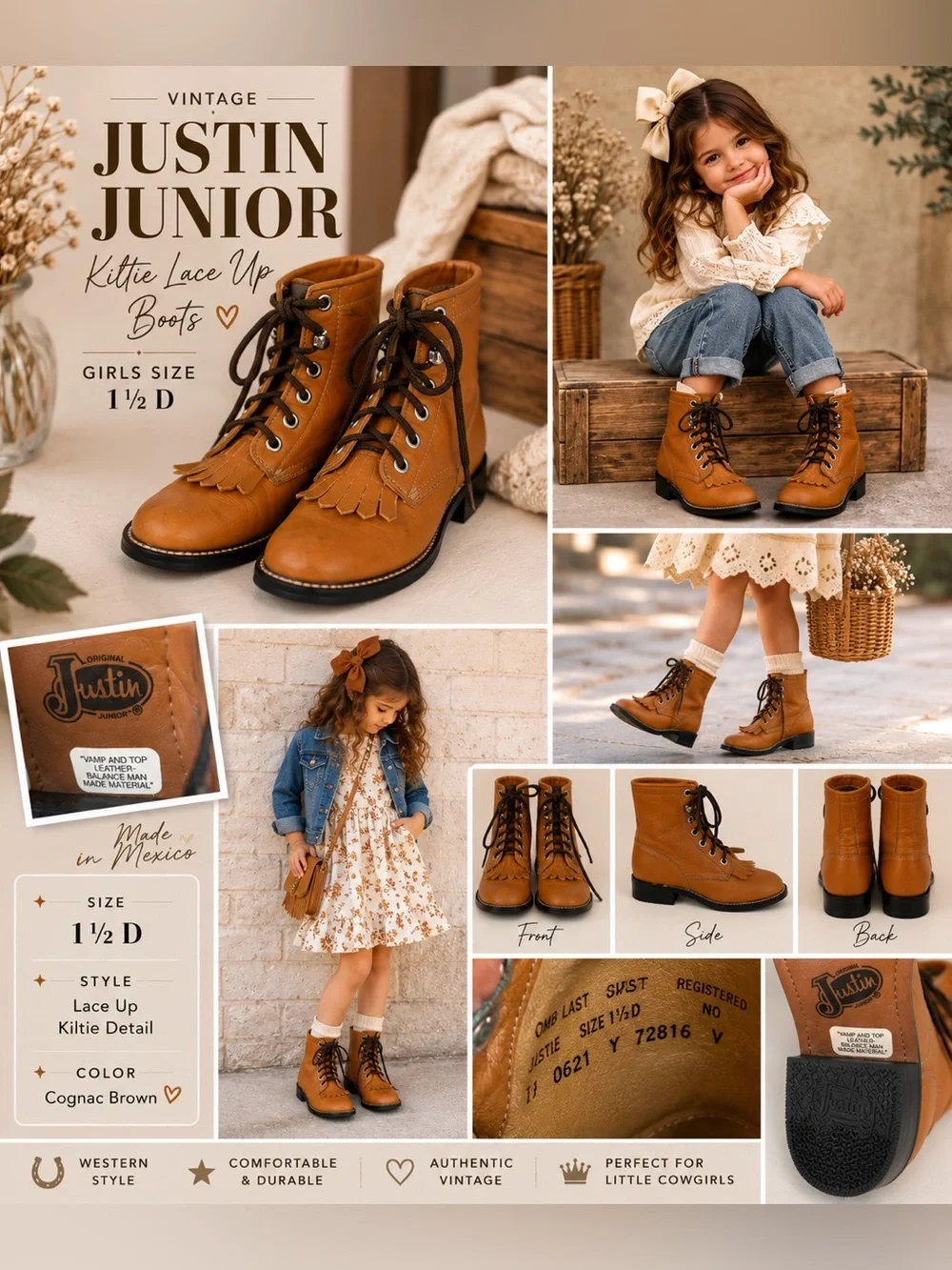 Vintage Justin Junior Girls 1.5 D Leather Kiltie Western Roper Boots